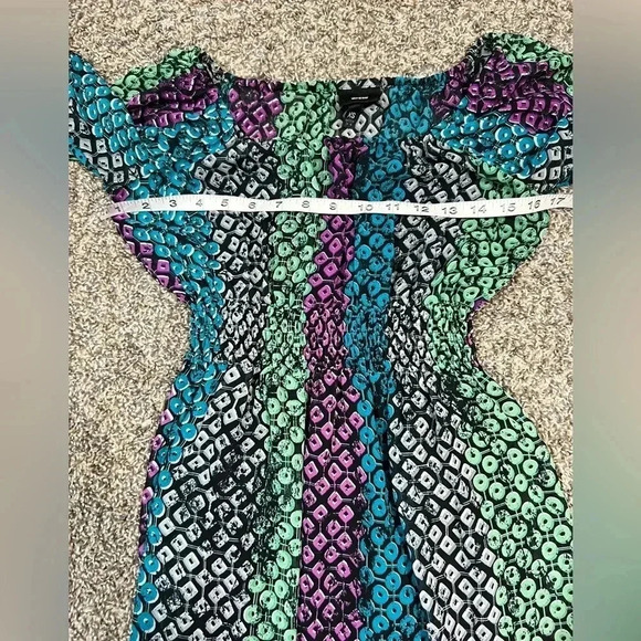 MOSSIMO sheer midi dress colorful green blue print puff sleeve size XS - Picture 8 of 11